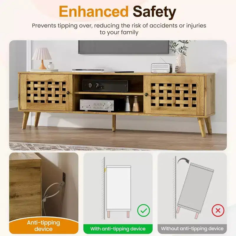 RoyalCraft Mobile TV in Rattan, Centro di Intrattenimento con Spazio di Archiviazione per TV da 65 Pollici, Credenze Console Multimediali e 2 Ripiani Aperti per Soggiorno, Marrone
