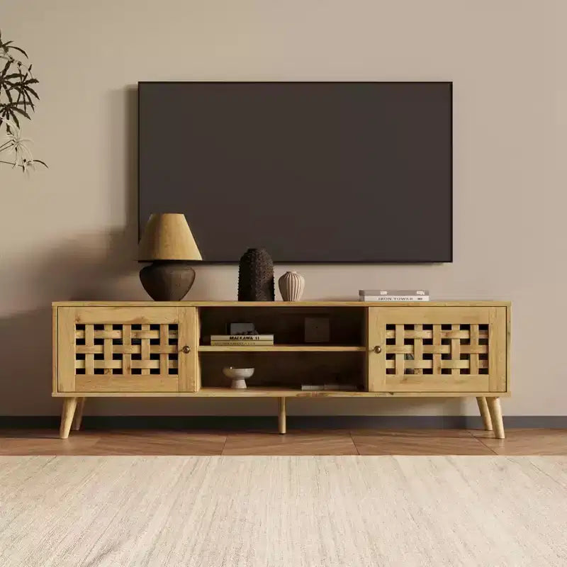 RoyalCraft Mobile TV in Rattan, Centro di Intrattenimento con Spazio di Archiviazione per TV da 65 Pollici, Credenze Console Multimediali e 2 Ripiani Aperti per Soggiorno, Marrone