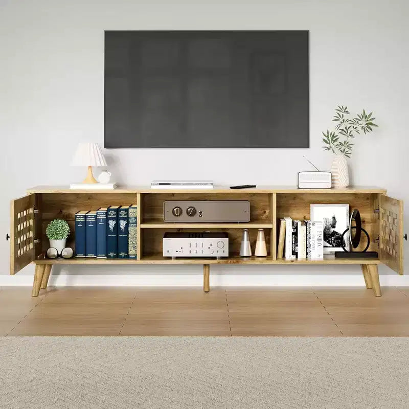 RoyalCraft Mobile TV in Rattan, Centro di Intrattenimento con Spazio di Archiviazione per TV da 65 Pollici, Credenze Console Multimediali e 2 Ripiani Aperti per Soggiorno, Marrone