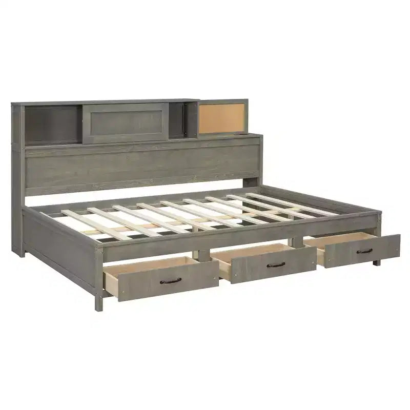 Divano Letto in Legno Matrimoniale con 3 Cassetti, Mensola Superiore Imbottita e un Set di Prese di Corrente e Porte USB Grigio