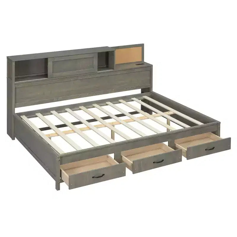 Divano Letto in Legno Matrimoniale con 3 Cassetti, Mensola Superiore Imbottita e un Set di Prese di Corrente e Porte USB Grigio