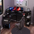 61 L Shaped Gaming Desk, with Monitor Stand, L-Shaped Corner Computer Desks, Built-in LED Lights and Side Storage Pockets, for Small Spaces