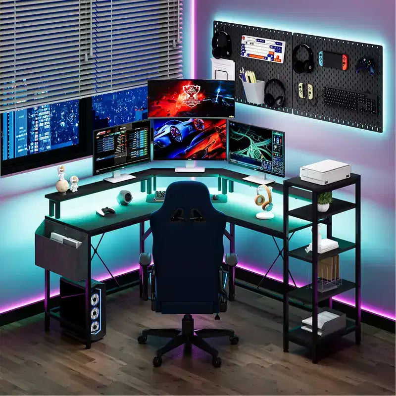 Scrivania gaming a L da 61", con supporto monitor, scrivania angolare a L per computer, luci LED integrate e tasche portaoggetti laterali, per piccoli spazi