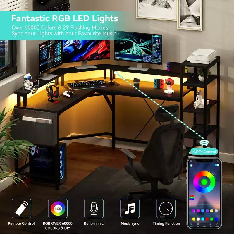 Scrivania gaming a L da 61", con supporto monitor, scrivania angolare a L per computer, luci LED integrate e tasche portaoggetti laterali, per piccoli spazi