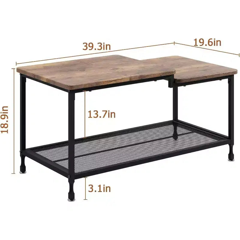 Tavolino da caffè industriale marrone rustico con ripiano a 2 livelli in rete, struttura in metallo, superficie impermeabile, facile montaggio per soggiorno, camera da letto, ufficio