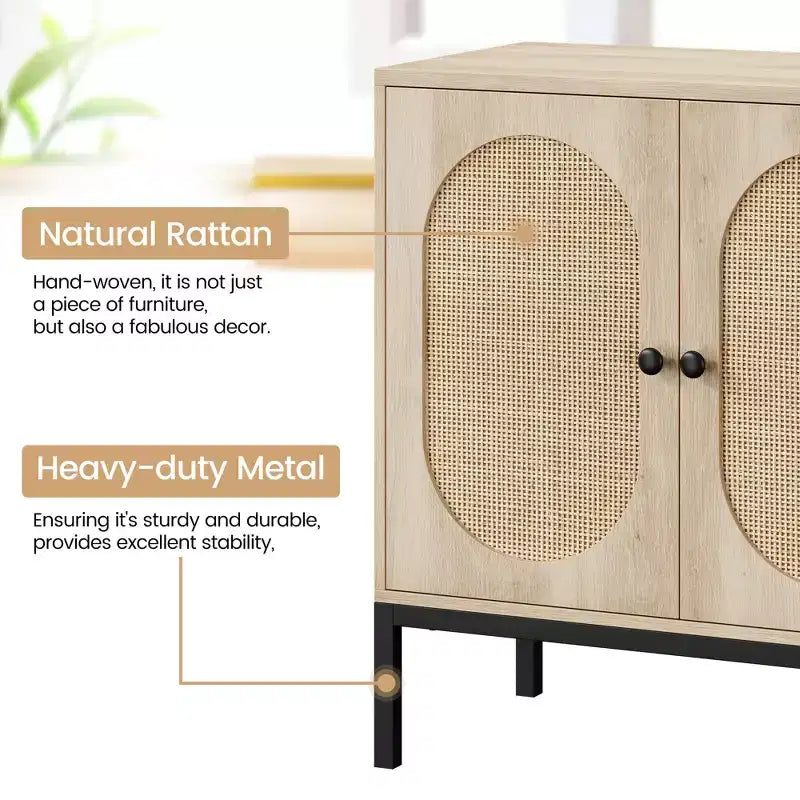 Madia in Rattan - Mobile Contenitore a 2 Livelli con Ripiani Regolabili per Sala da Pranzo, Salotto e Ingresso