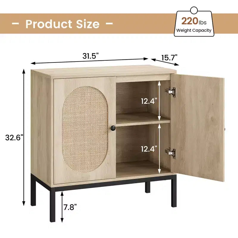 Madia in Rattan - Mobile Contenitore a 2 Livelli con Ripiani Regolabili per Sala da Pranzo, Salotto e Ingresso