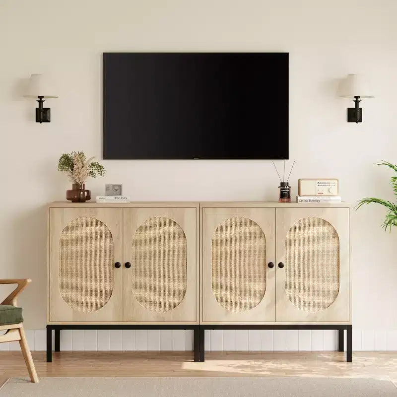 Madia in Rattan - Mobile Contenitore a 2 Livelli con Ripiani Regolabili per Sala da Pranzo, Salotto e Ingresso