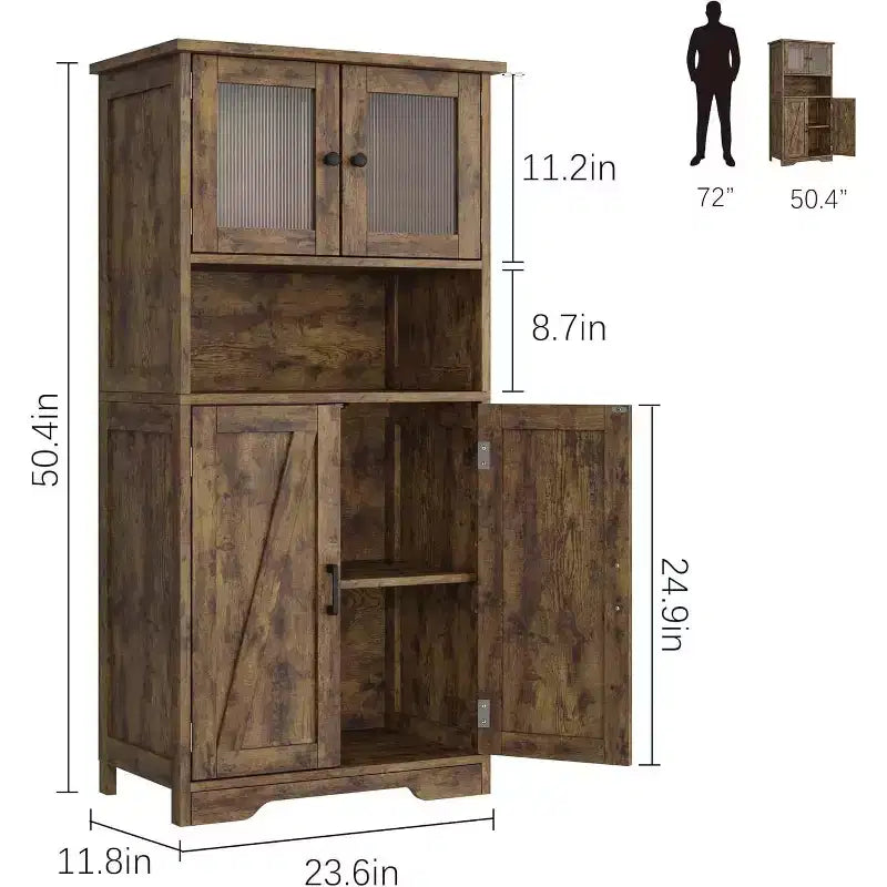 Acekool Armadietto Contenitore Alto 128 cm con Ante in Vetro, Ripiani Regolabili, Credenza Dispensa Mobile Bar per Cucina Soggiorno