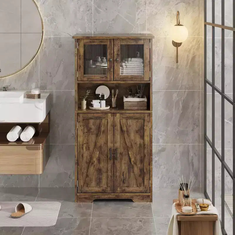 Acekool Armadietto Contenitore Alto 128 cm con Ante in Vetro, Ripiani Regolabili, Credenza Dispensa Mobile Bar per Cucina Soggiorno