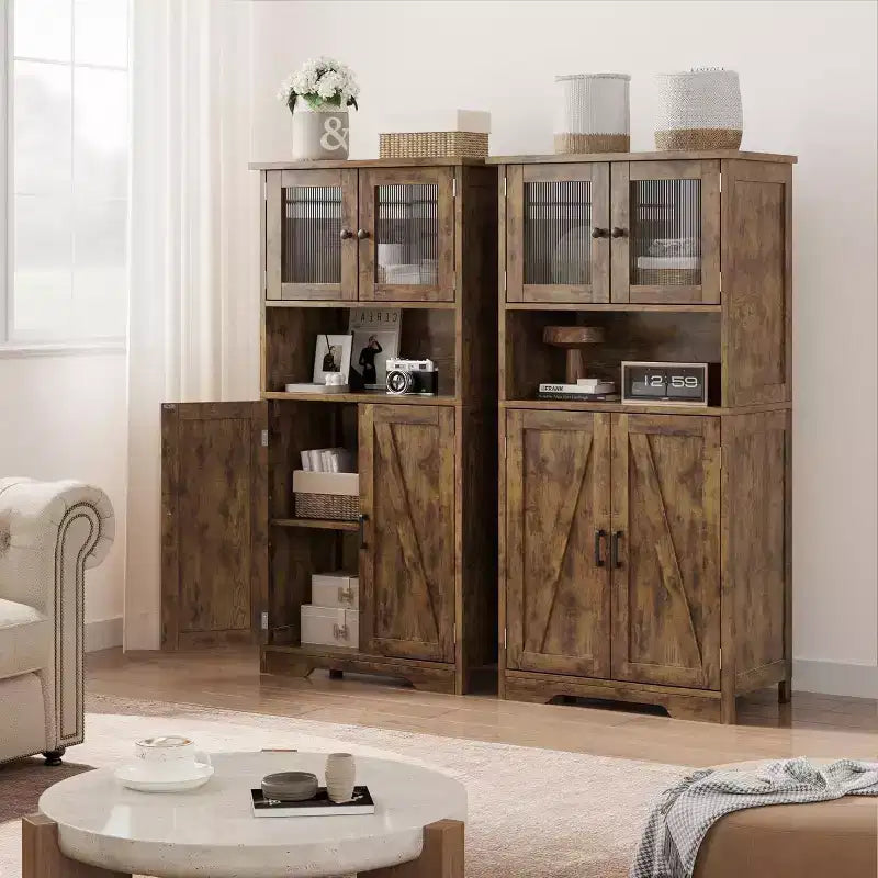 Acekool Armadietto Contenitore Alto 128 cm con Ante in Vetro, Ripiani Regolabili, Credenza Dispensa Mobile Bar per Cucina Soggiorno