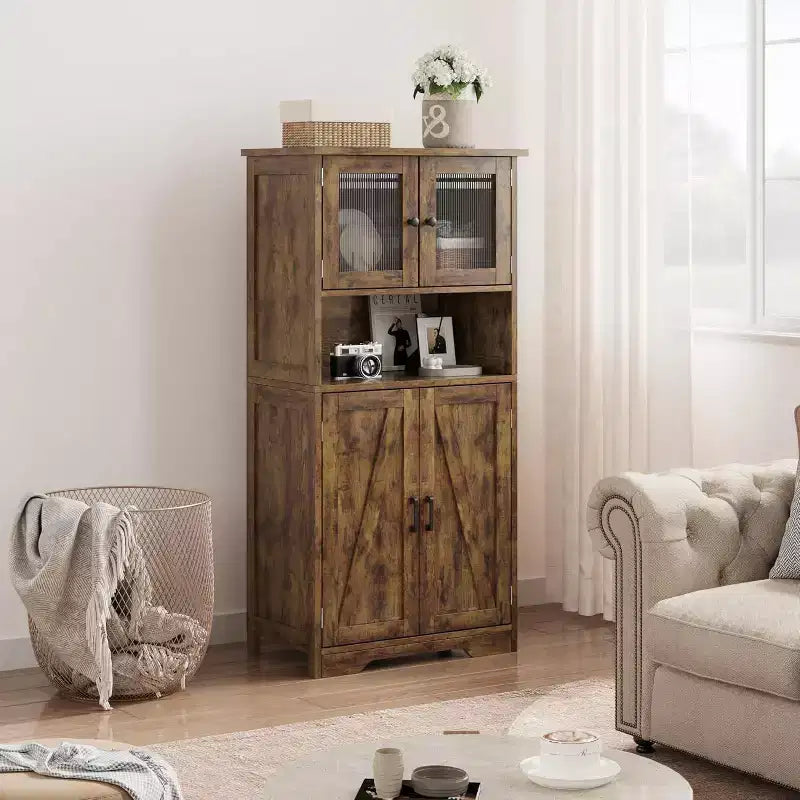 Acekool Armadietto Contenitore Alto 128 cm con Ante in Vetro, Ripiani Regolabili, Credenza Dispensa Mobile Bar per Cucina Soggiorno