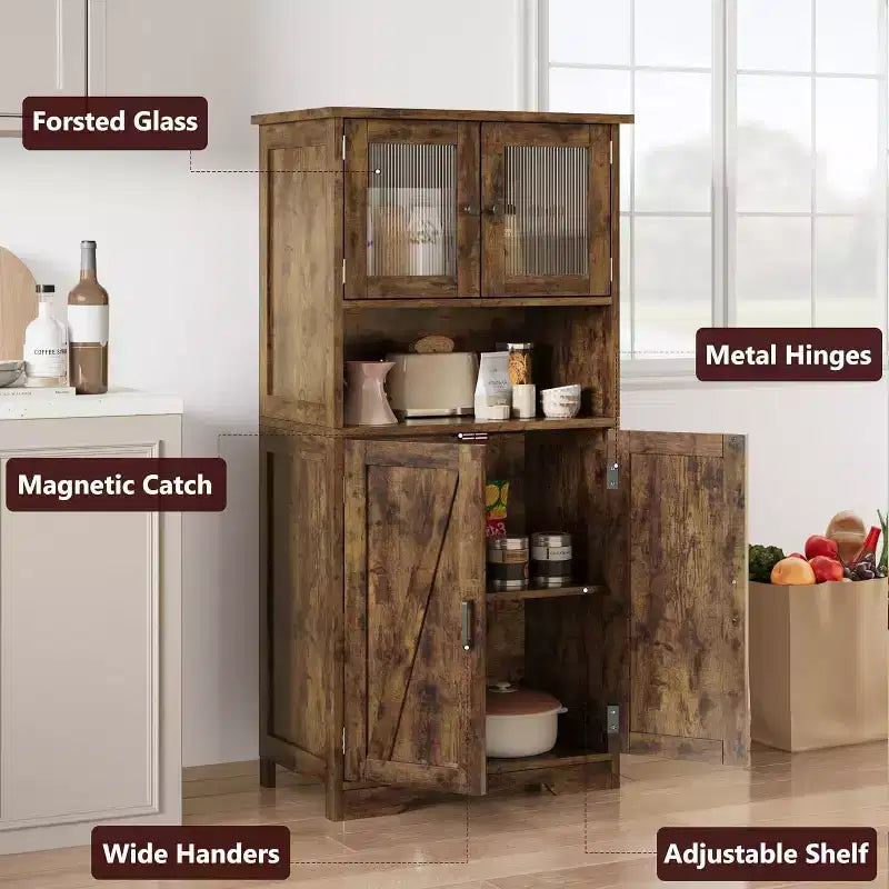 Acekool Armadietto Contenitore Alto 128 cm con Ante in Vetro, Ripiani Regolabili, Credenza Dispensa Mobile Bar per Cucina Soggiorno
