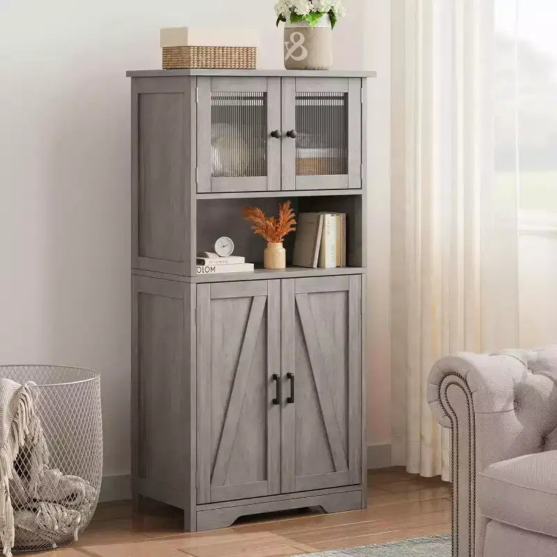 Acekool Armadietto Contenitore Alto 128 cm con Ante in Vetro, Ripiani Regolabili, Credenza Dispensa Mobile Bar per Cucina Soggiorno