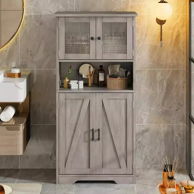 Acekool Armadietto Contenitore Alto 128 cm con Ante in Vetro, Ripiani Regolabili, Credenza Dispensa Mobile Bar per Cucina Soggiorno