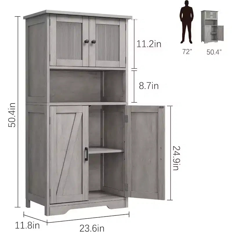 Acekool Armadietto Contenitore Alto 128 cm con Ante in Vetro, Ripiani Regolabili, Credenza Dispensa Mobile Bar per Cucina Soggiorno