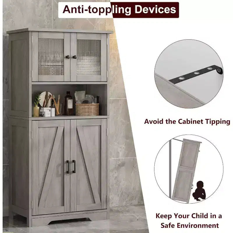 Acekool Armadietto Contenitore Alto 128 cm con Ante in Vetro, Ripiani Regolabili, Credenza Dispensa Mobile Bar per Cucina Soggiorno