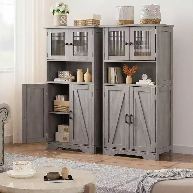 Acekool Armadietto Contenitore Alto 128 cm con Ante in Vetro, Ripiani Regolabili, Credenza Dispensa Mobile Bar per Cucina Soggiorno
