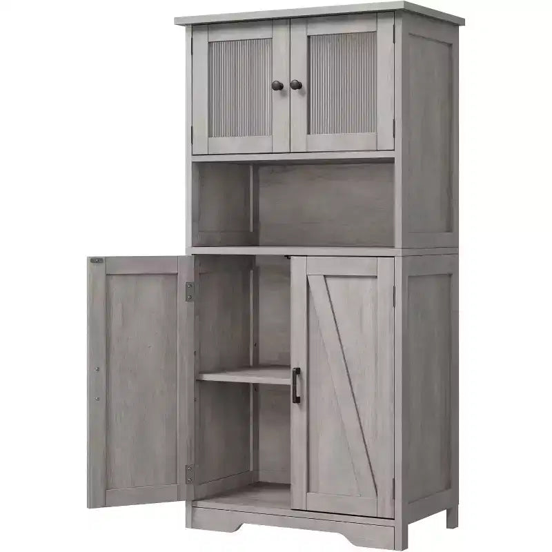 Acekool Armadietto Contenitore Alto 128 cm con Ante in Vetro, Ripiani Regolabili, Credenza Dispensa Mobile Bar per Cucina Soggiorno