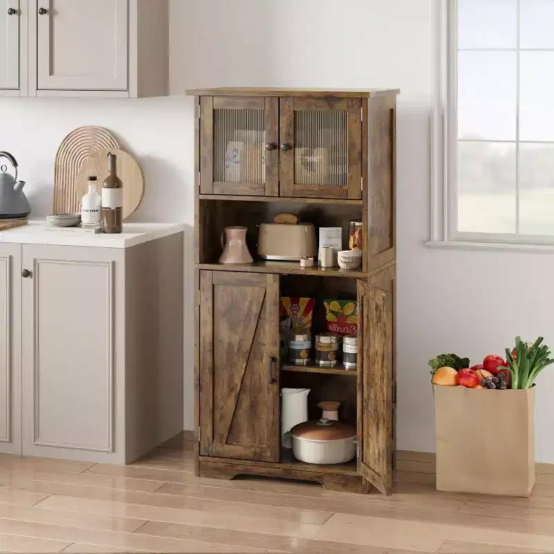 Acekool Armadietto Contenitore Alto 128 cm con Ante in Vetro, Ripiani Regolabili, Credenza Dispensa Mobile Bar per Cucina Soggiorno
