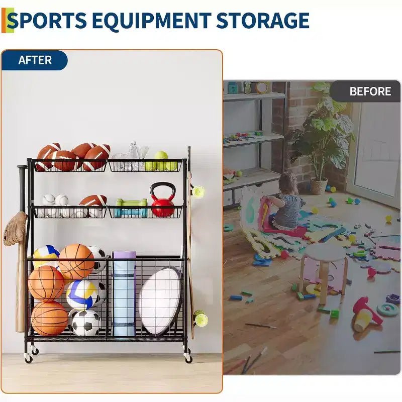 Organizzatore per attrezzature sportive da garage, organizer per attrezzature sportive di grande capacità con ganci e cestini, carrello porta palloni su ruote
