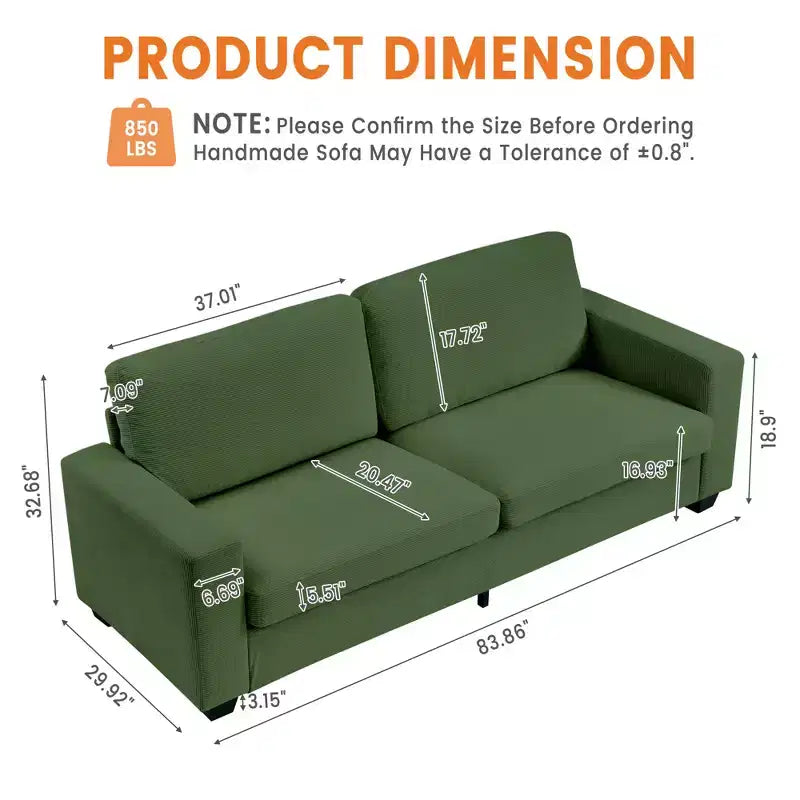 Divano Moderno 2 Posti, Divano Oversize in Corduroy con Fodera Lavabile, Seduta Profonda con Bracciolo Largo, Comodo Divano Cloud per Soggiorno, Camera da Letto, Ufficio