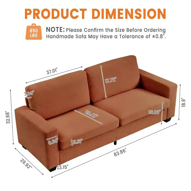 Divano Moderno 2 Posti, Divano Oversize in Corduroy con Fodera Lavabile, Seduta Profonda con Bracciolo Largo, Comodo Divano Cloud per Soggiorno, Camera da Letto, Ufficio