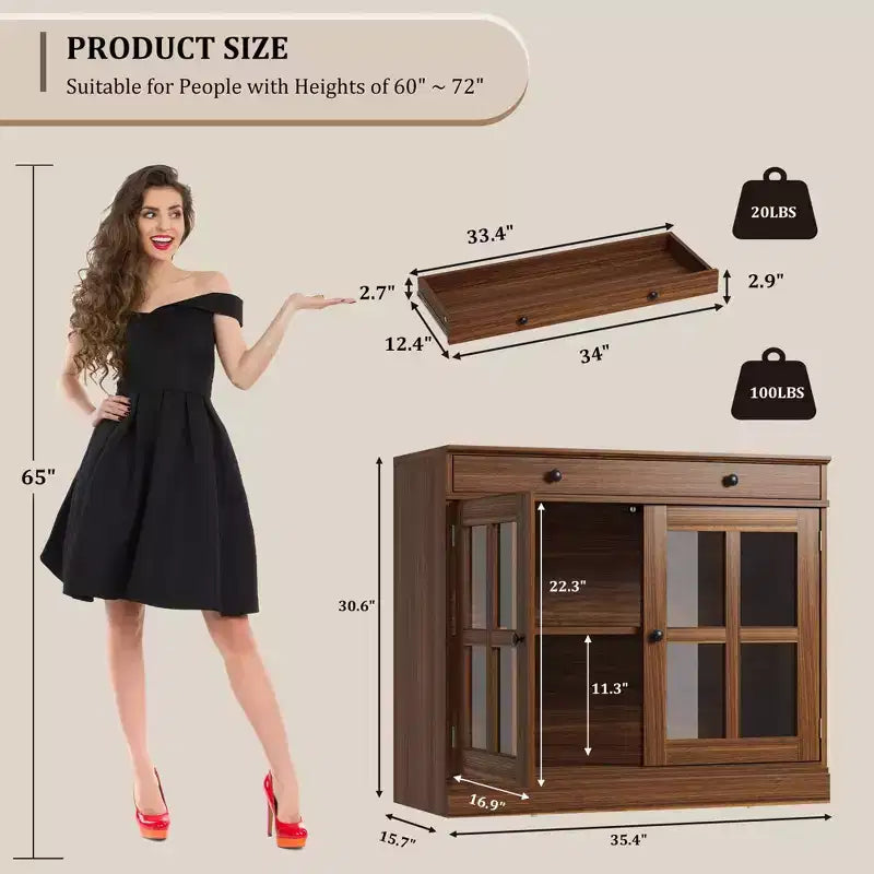 Credenza da 35 pollici, Mobiletto Buffet, Mobile Bar per Caffè con Porta a Vetro e Cassetto, Tavolo Consolle da Ingresso, Mobile Contenitore