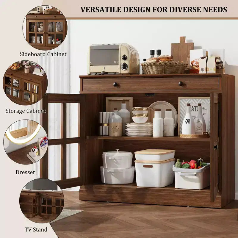 Credenza da 35 pollici, Mobiletto Buffet, Mobile Bar per Caffè con Porta a Vetro e Cassetto, Tavolo Consolle da Ingresso, Mobile Contenitore