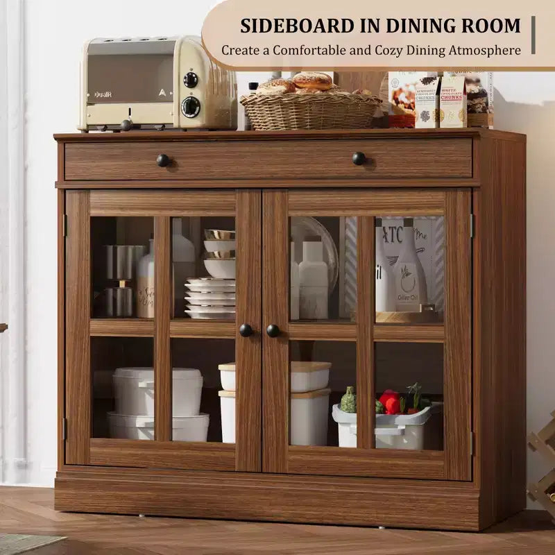 Credenza da 35 pollici, Mobiletto Buffet, Mobile Bar per Caffè con Porta a Vetro e Cassetto, Tavolo Consolle da Ingresso, Mobile Contenitore