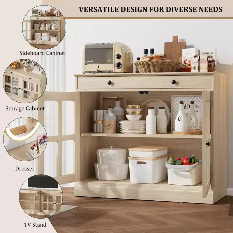 Credenza da 35 pollici, Mobiletto Buffet, Mobile Bar per Caffè con Porta a Vetro e Cassetto, Tavolo Consolle da Ingresso, Mobile Contenitore