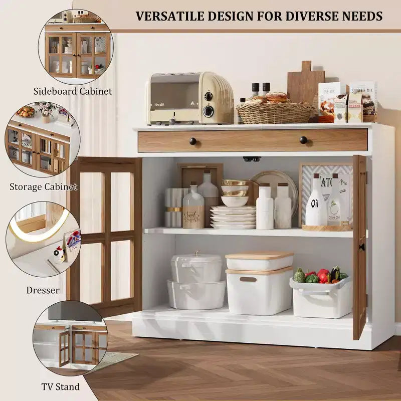 Credenza da 35 pollici, Mobiletto Buffet, Mobile Bar per Caffè con Porta a Vetro e Cassetto, Tavolo Consolle da Ingresso, Mobile Contenitore