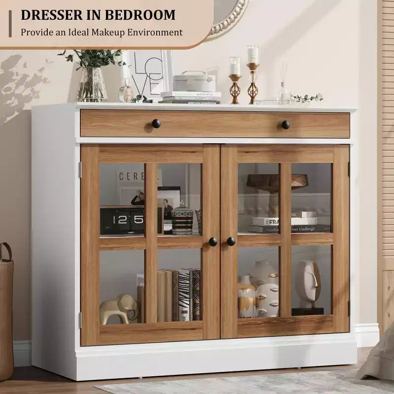 Credenza da 35 pollici, Mobiletto Buffet, Mobile Bar per Caffè con Porta a Vetro e Cassetto, Tavolo Consolle da Ingresso, Mobile Contenitore