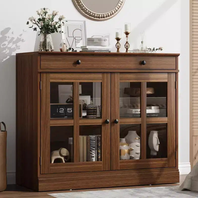 Credenza da 35 pollici, Mobiletto Buffet, Mobile Bar per Caffè con Porta a Vetro e Cassetto, Tavolo Consolle da Ingresso, Mobile Contenitore
