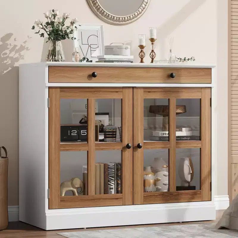 Credenza da 35 pollici, Mobiletto Buffet, Mobile Bar per Caffè con Porta a Vetro e Cassetto, Tavolo Consolle da Ingresso, Mobile Contenitore