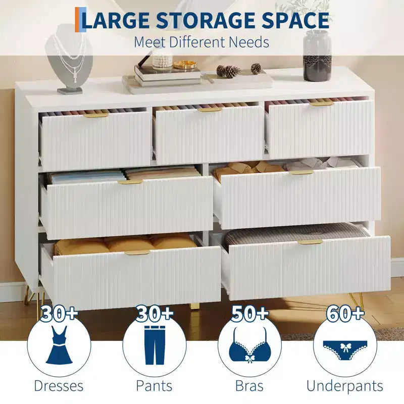 Comodino/Cassettiera a 7 cassetti scanalata per camera da letto, cassettiera alta moderna con maniglia in metallo e design a profilo curvo, organizer per cassetti in legno