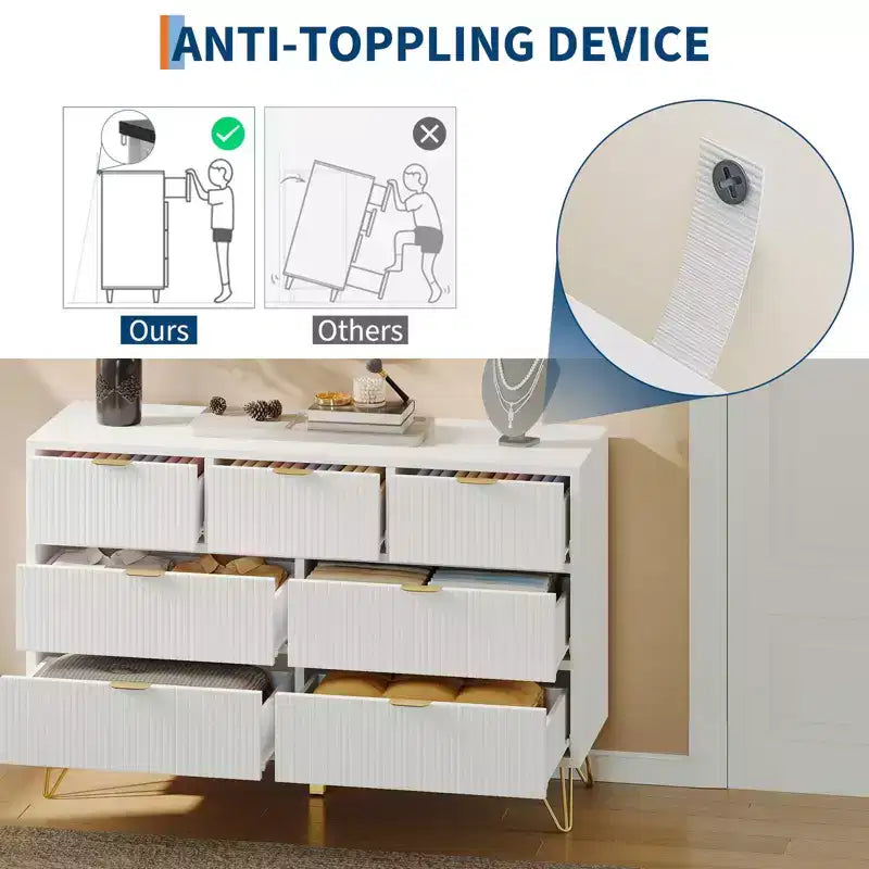 Comodino/Cassettiera a 7 cassetti scanalata per camera da letto, cassettiera alta moderna con maniglia in metallo e design a profilo curvo, organizer per cassetti in legno