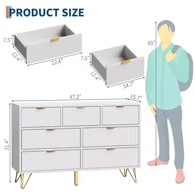 Comodino/Cassettiera a 7 cassetti scanalata per camera da letto, cassettiera alta moderna con maniglia in metallo e design a profilo curvo, organizer per cassetti in legno