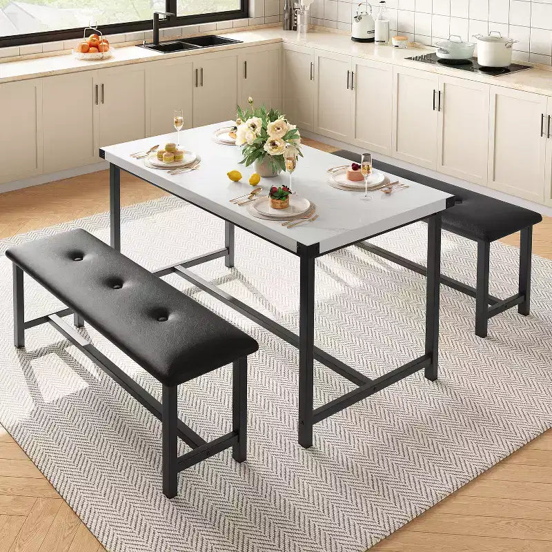 Set da pranzo con tavolo per 4 persone, tavolo da cucina con 2 panche imbottite, set da pranzo in legno per cucina, per piccoli spazi, appartamento, casa, cena