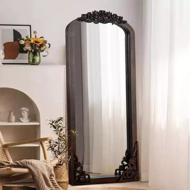 PexFix 28 pollici L x 67 pollici A Specchio a figura intera in legno massello con cornice ad arco intagliata fai da te, stile rustico, color antracite