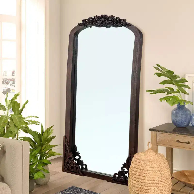 PexFix 28 pollici L x 67 pollici A Specchio a figura intera in legno massello con cornice ad arco intagliata fai da te, stile rustico, color antracite