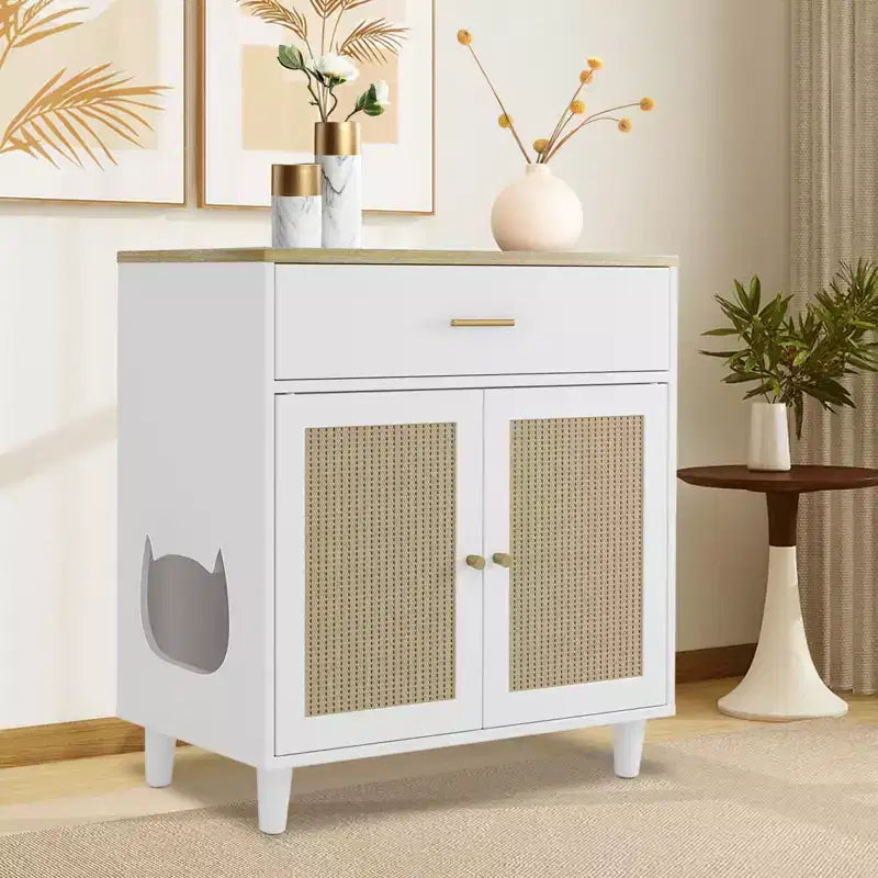 Mobiletto per Gatti in Rattan con Struttura in Truciolato, Elegante Intreccio in Rattan, Costruzione Durevole, Interni Spaziosi e Design Elegante