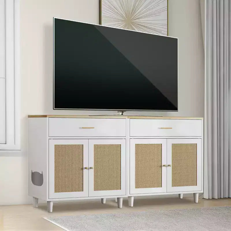 Mobiletto per Gatti in Rattan con Struttura in Truciolato, Elegante Intreccio in Rattan, Costruzione Durevole, Interni Spaziosi e Design Elegante