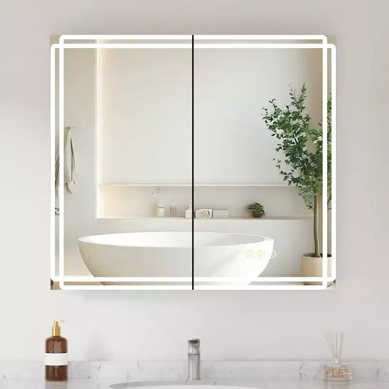 Pensile da bagno Alita con specchi e luci, 3 modalità di illuminazione, antiappannamento, dimmerabile, funzione memoria, presa di corrente, argento