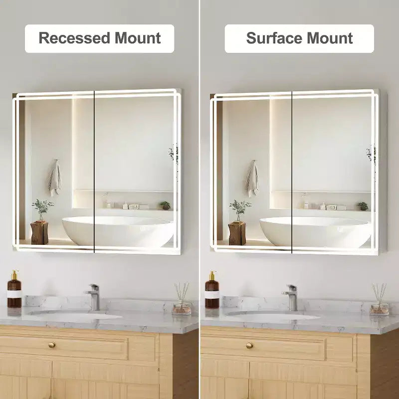 Pensile da bagno Alita con specchi e luci, 3 modalità di illuminazione, antiappannamento, dimmerabile, funzione memoria, presa di corrente, argento
