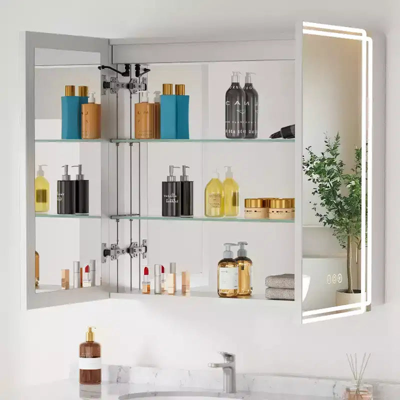 Pensile da bagno Alita con specchi e luci, 3 modalità di illuminazione, antiappannamento, dimmerabile, funzione memoria, presa di corrente, argento