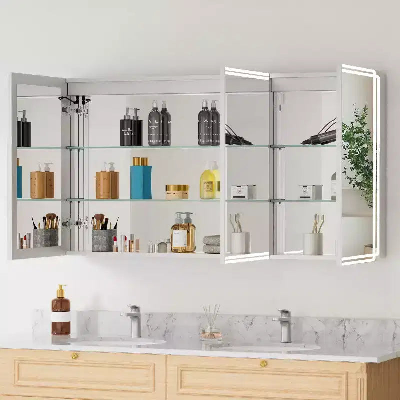 Pensile da bagno Alita con specchi e luci, 3 modalità di illuminazione, antiappannamento, dimmerabile, funzione memoria, presa di corrente, argento