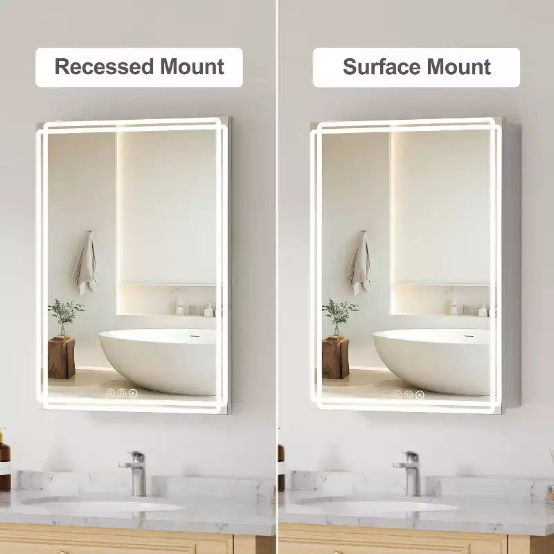 Pensile da bagno Alita con specchi e luci, 3 modalità di illuminazione, antiappannamento, dimmerabile, funzione memoria, presa di corrente, argento