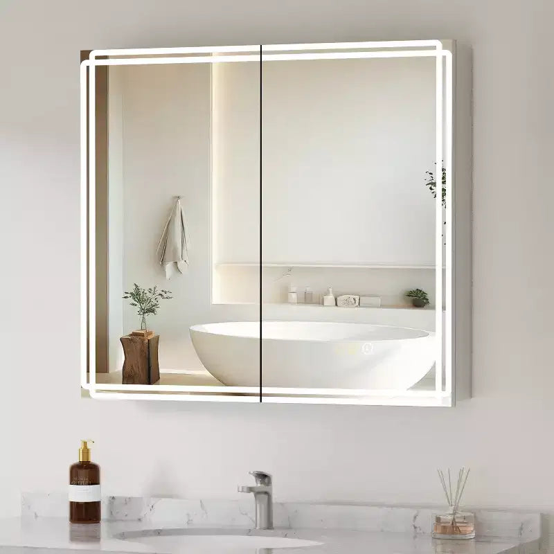 Pensile da bagno Alita con specchi e luci, 3 modalità di illuminazione, antiappannamento, dimmerabile, funzione memoria, presa di corrente, argento