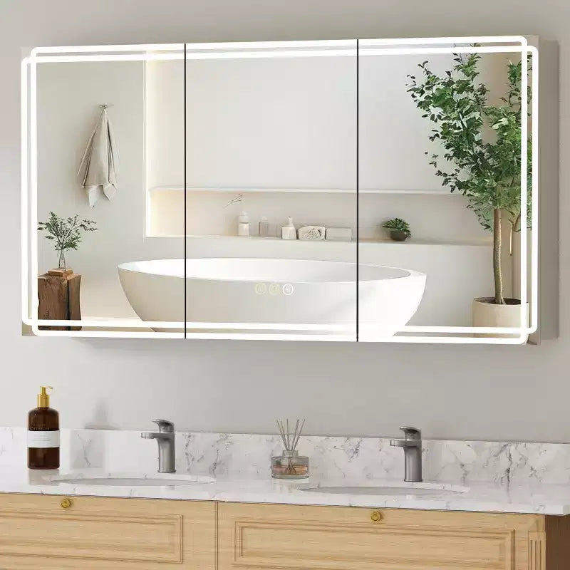 Pensile da bagno Alita con specchi e luci, 3 modalità di illuminazione, antiappannamento, dimmerabile, funzione memoria, presa di corrente, argento